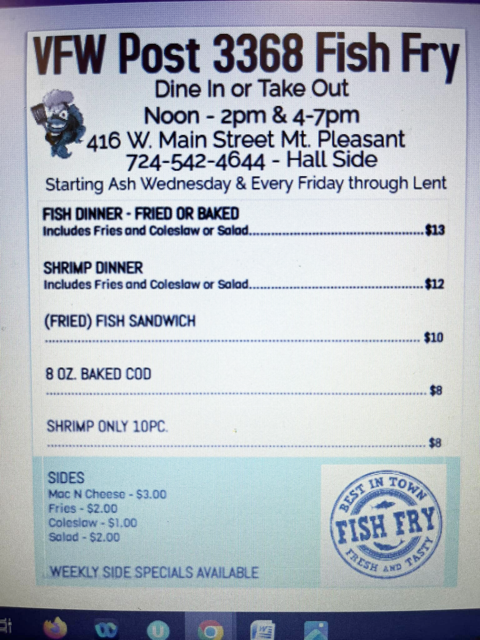 Mt. Pleasant VFW Menu